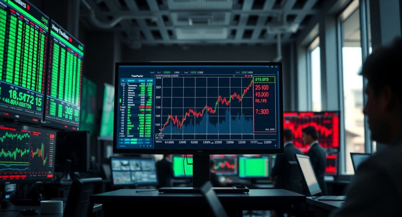 Professional trading floor with stock charts showing upward trend, representing improved equities risk tone