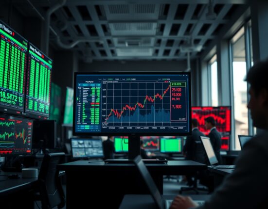 Professional trading floor with stock charts showing upward trend, representing improved equities risk tone