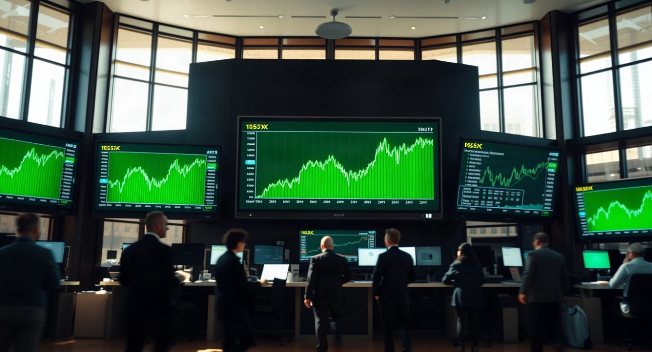 Trading floor screens showing tech-led stock gains and declining oil prices