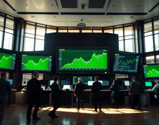 Trading floor screens showing tech-led stock gains and declining oil prices