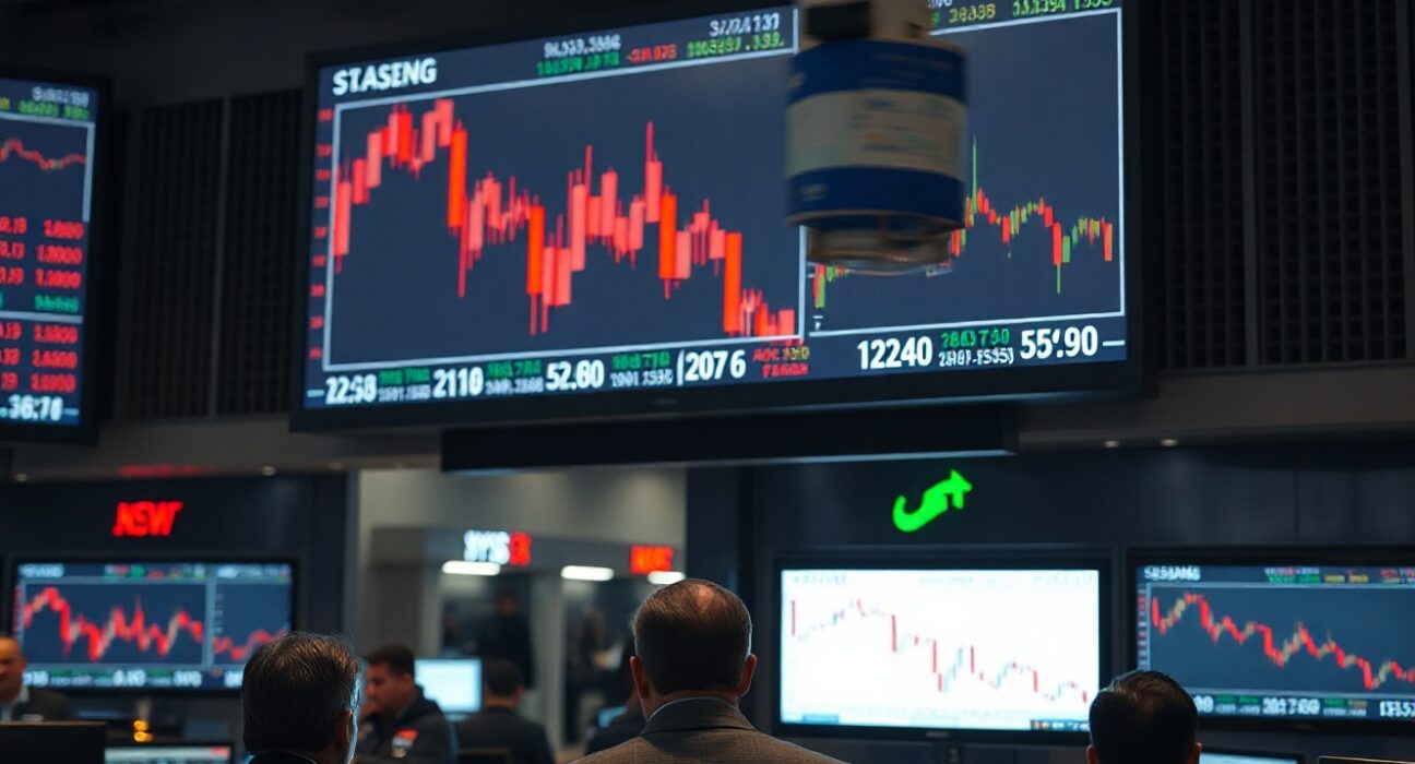 Stock market trading floor with screens showing declining indices and red candlestick charts