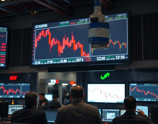 Stock market trading floor with screens showing declining indices and red candlestick charts