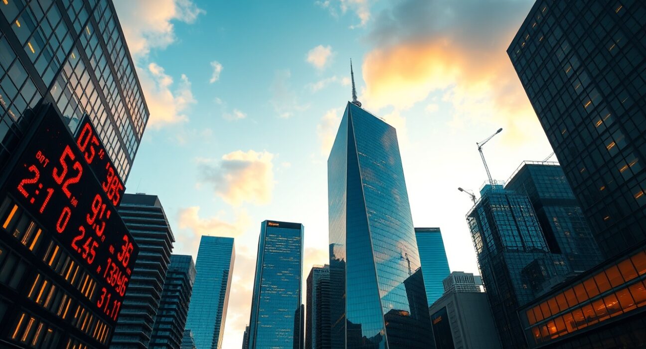 Financial district skyline with electronic stock ticker showing market data at dusk
