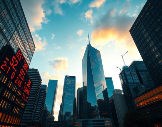 Financial district skyline with electronic stock ticker showing market data at dusk