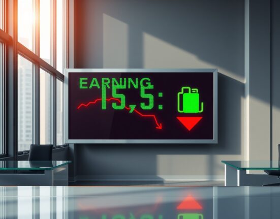 Stock market ticker showing earnings growth and oil risk warning symbol, representing BNY analysis on market volatility.