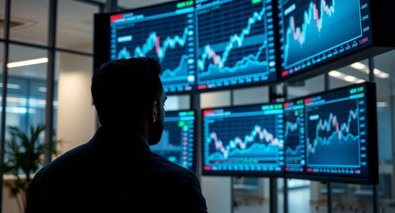 Financial analyst monitoring stock market charts and equity rotation trends on multiple screens.