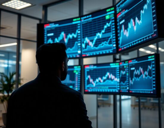 Financial analyst monitoring stock market charts and equity rotation trends on multiple screens.
