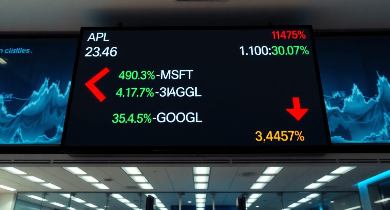 Stock market display showing red declines for major technology companies amid sector rotation
