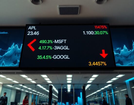 Stock market display showing red declines for major technology companies amid sector rotation