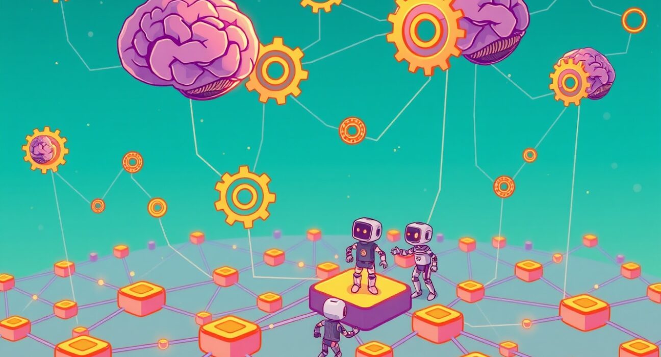 Cartoon illustration showing AI agents thriving with the new ERC-8004 standard on an Ethereum blockchain.