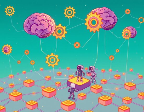 Cartoon illustration showing AI agents thriving with the new ERC-8004 standard on an Ethereum blockchain.