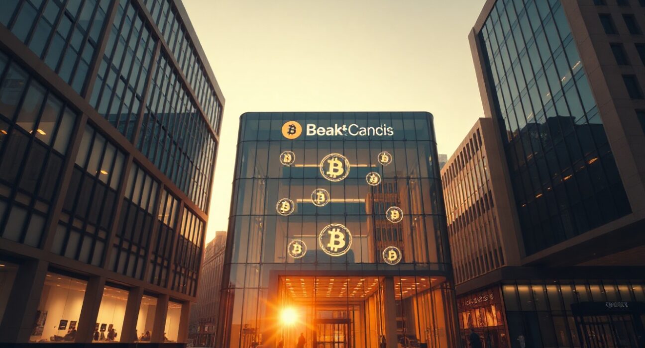 Modern bank building exterior with subtle cryptocurrency symbols, representing Erebor Bank's pro-crypto focus.