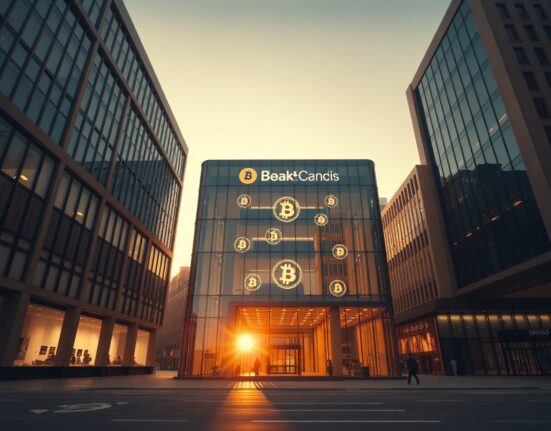 Modern bank building exterior with subtle cryptocurrency symbols, representing Erebor Bank's pro-crypto focus.
