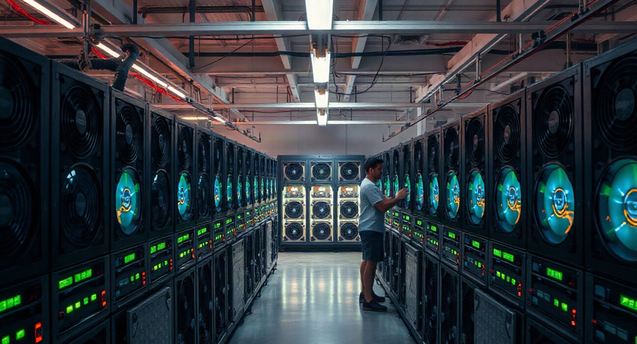 Interior of a large Bitcoin mining facility with rows of mining rigs and a worker inspecting equipment.