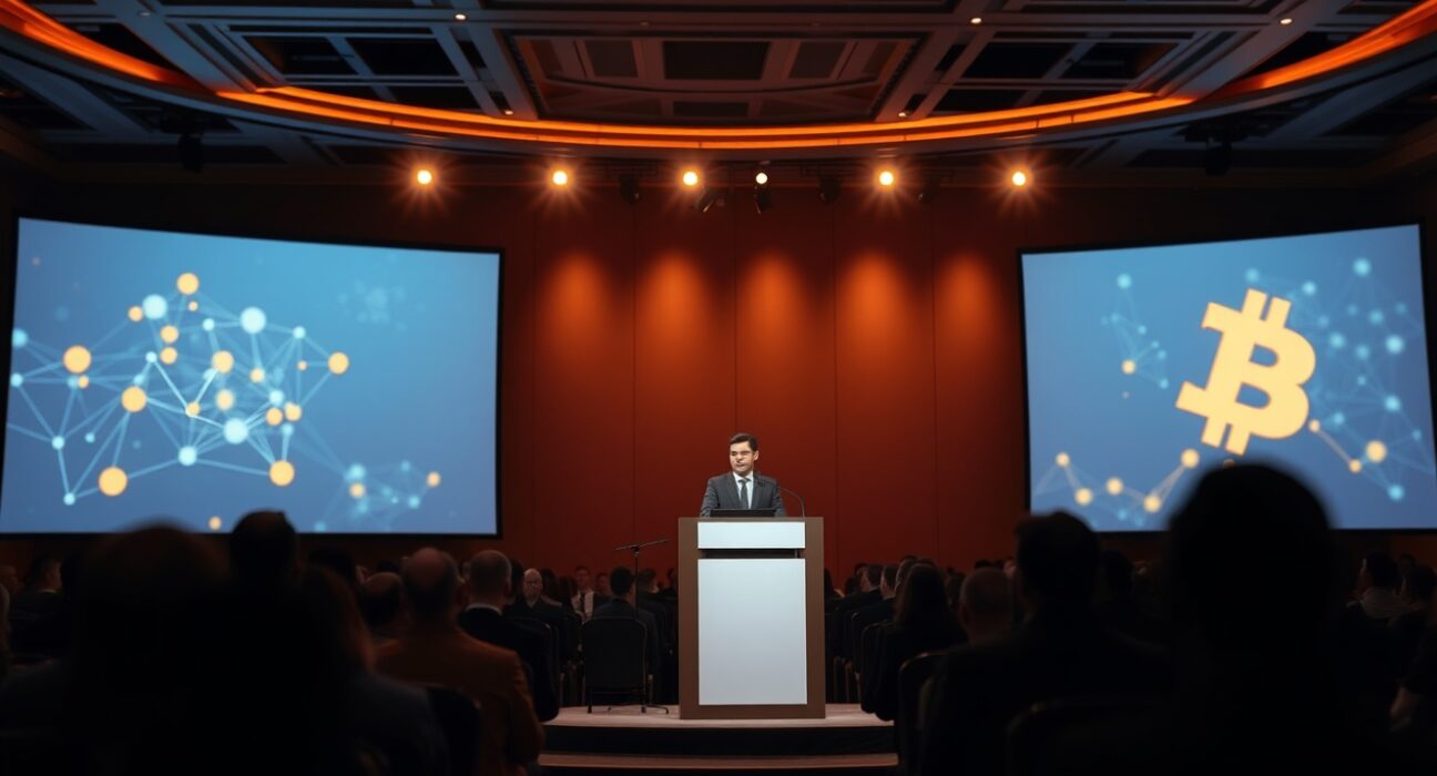 Eric Trump speaking at Consensus 2026 conference with blockchain graphics on screen