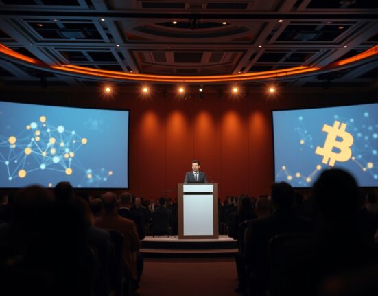 Eric Trump speaking at Consensus 2026 conference with blockchain graphics on screen