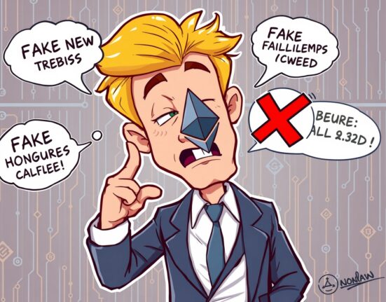 Eric Trump denying false ETH price prediction in cartoon illustration showing Ethereum logo with rejection symbols