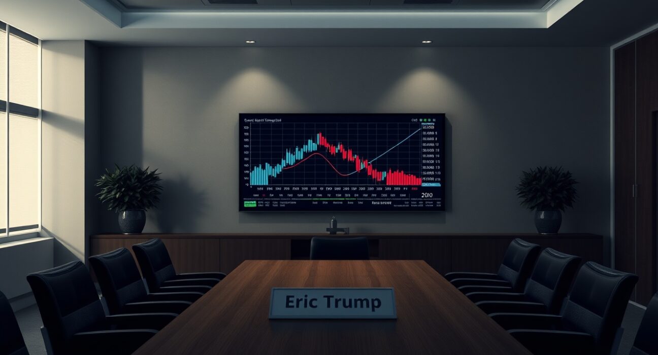 Eric Trump exit scam allegations: A boardroom scene with a partially erased nameplate and crypto charts on a screen