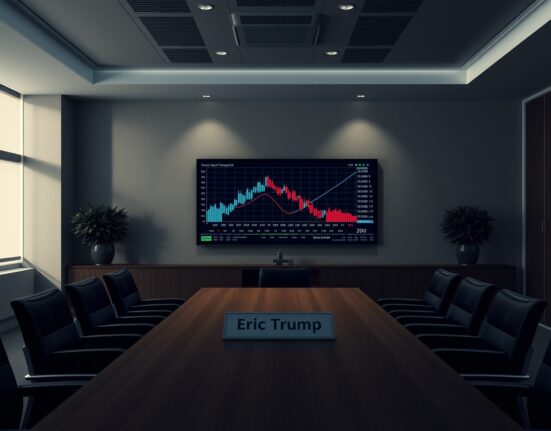 Eric Trump exit scam allegations: A boardroom scene with a partially erased nameplate and crypto charts on a screen