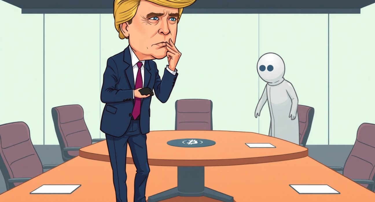 Cartoon showing Eric Trump removed from a corporate board, symbolizing the impact of Nasdaq regulations on ALT5 Sigma's governance.