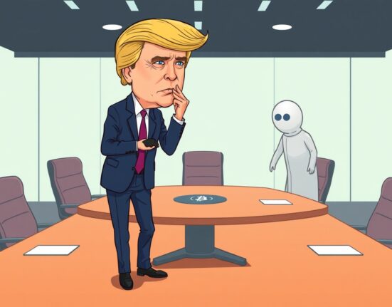 Cartoon showing Eric Trump removed from a corporate board, symbolizing the impact of Nasdaq regulations on ALT5 Sigma's governance.