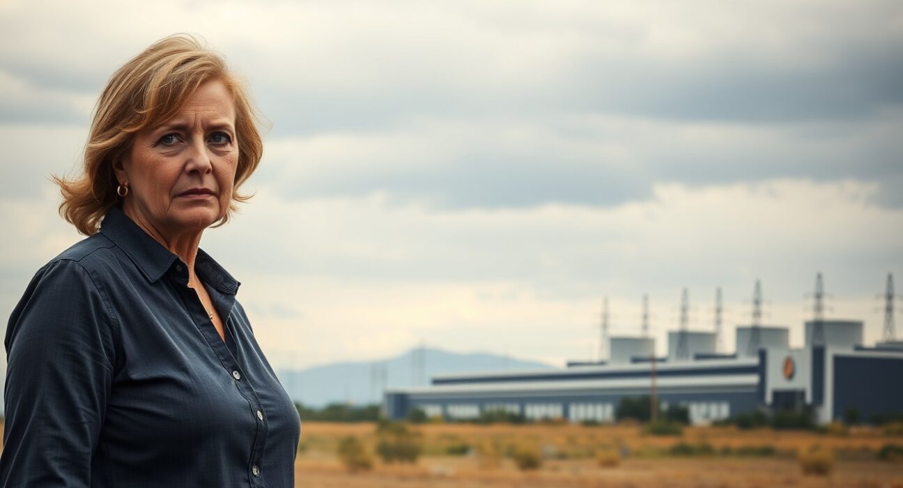 Erin Brockovich stands in foreground with a large data center facility visible behind her under overcast sky.