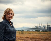 Erin Brockovich stands in foreground with a large data center facility visible behind her under overcast sky.