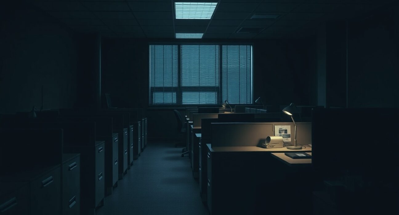 Darkened nearly empty office of Catze Labs after ESPORTS token crash with single lit desk