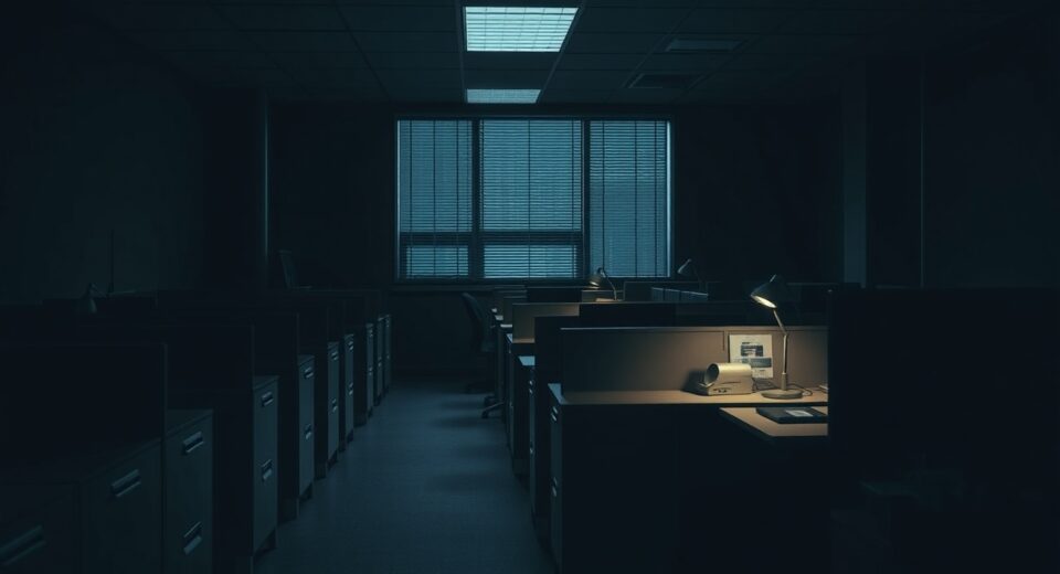 Darkened nearly empty office of Catze Labs after ESPORTS token crash with single lit desk