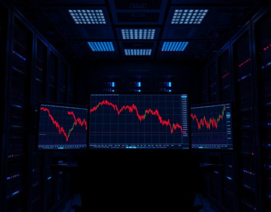 Cryptocurrency trading charts showing a sharp red decline in a dimly lit server room.