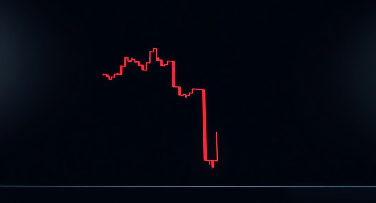Cryptocurrency chart showing a sharp 92% decline with a red candlestick on a dark background.