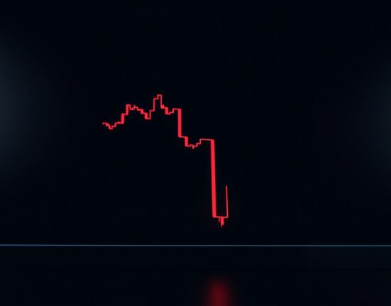 Cryptocurrency chart showing a sharp 92% decline with a red candlestick on a dark background.