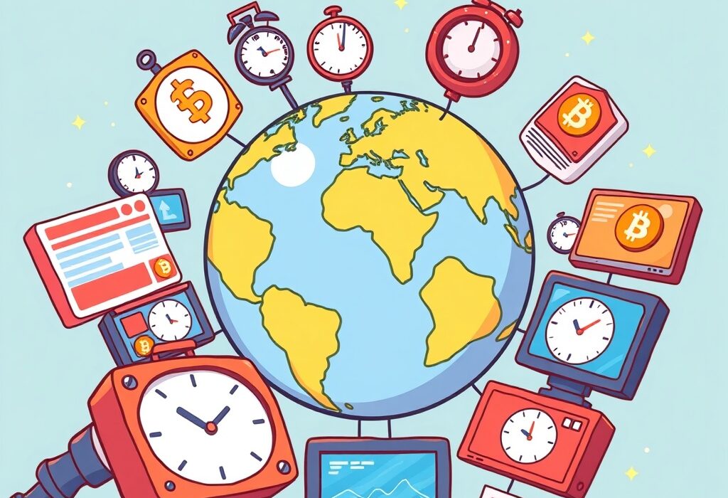Clocks and news feeds illustrating the extensive Bitcoin World news coverage for cryptocurrency updates.