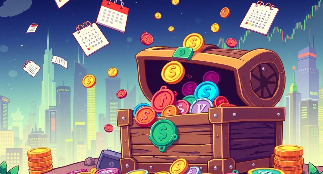 Essential token unlocks visualized as digital treasure emerging from calendar dates