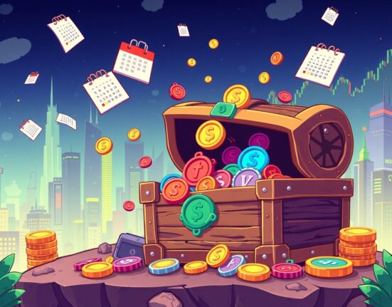 Essential token unlocks visualized as digital treasure emerging from calendar dates