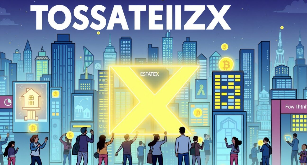 A cartoon illustration showing the rapid growth of real estate tokenization, with digital assets transforming traditional properties.