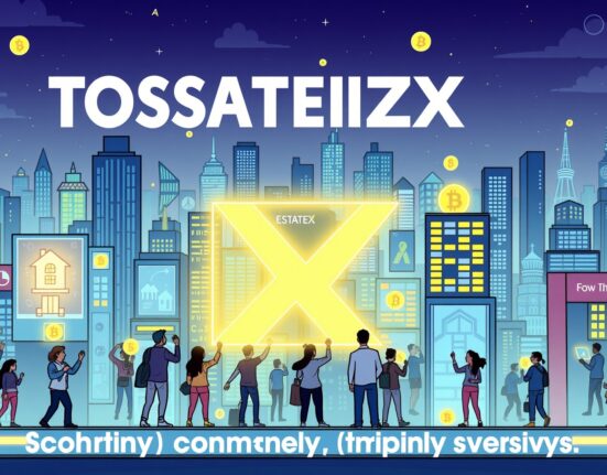 A cartoon illustration showing the rapid growth of real estate tokenization, with digital assets transforming traditional properties.