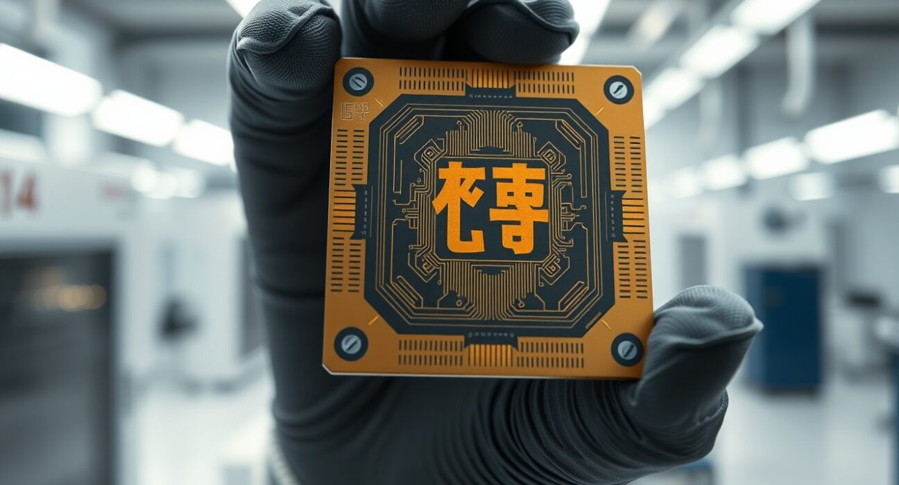 Close-up of Etched's AI inference chip held by a technician in a cleanroom