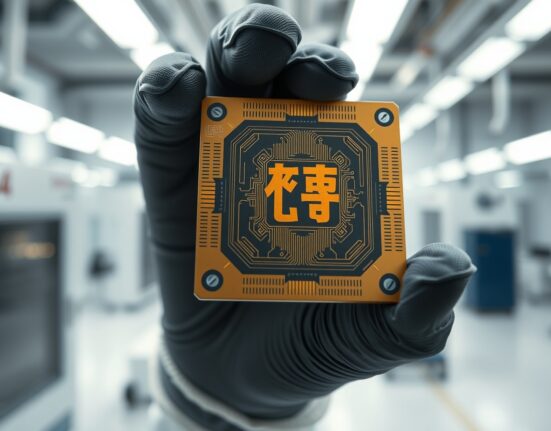 Close-up of Etched's AI inference chip held by a technician in a cleanroom