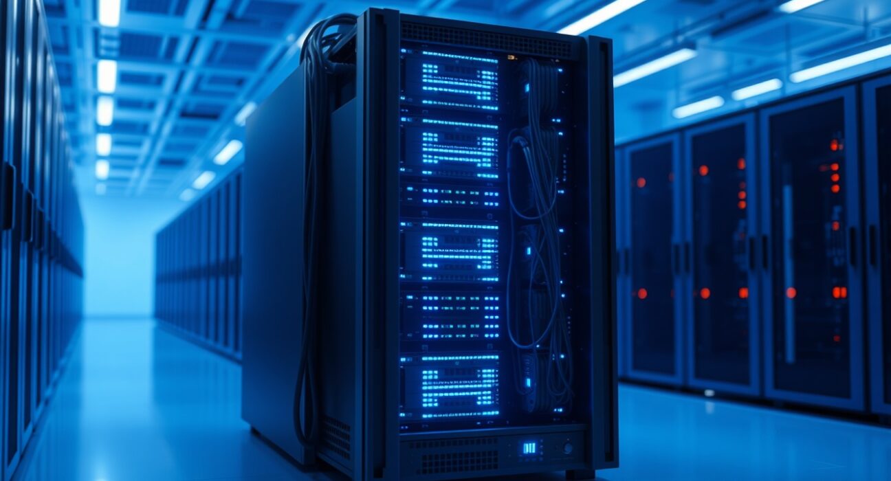 Etched AI chip server rack in a data center with blue LED lighting