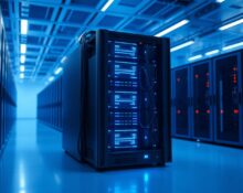 Etched AI chip server rack in a data center with blue LED lighting