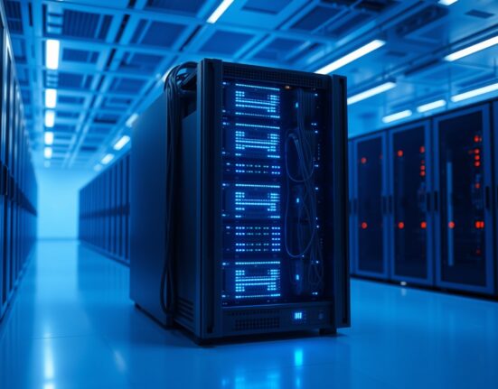 Etched AI chip server rack in a data center with blue LED lighting