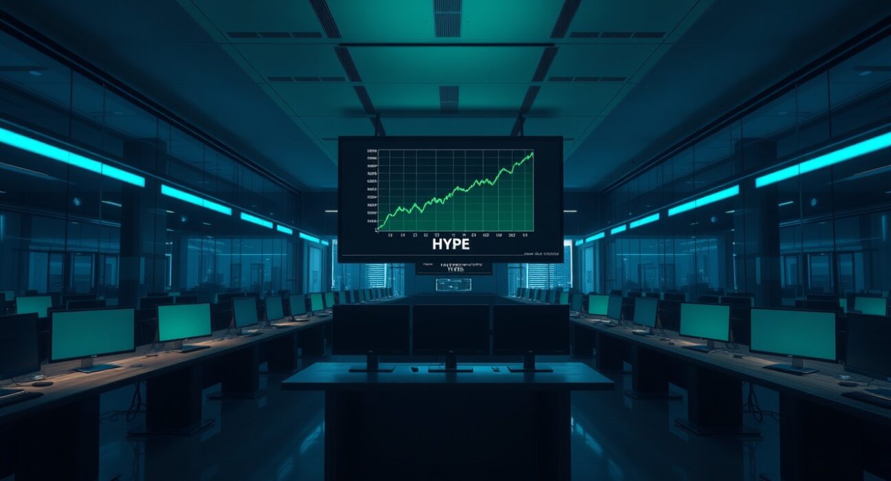 Trading screens showing HYPE token price chart with green upward trend in a modern financial office