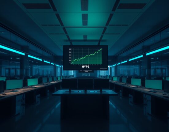 Trading screens showing HYPE token price chart with green upward trend in a modern financial office