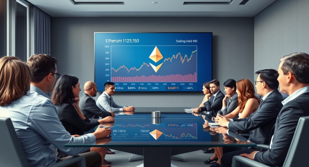 Corporate boardroom meeting with Ethereum price chart and staking data on screen