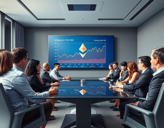 Corporate boardroom meeting with Ethereum price chart and staking data on screen