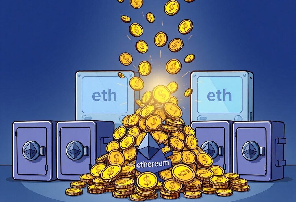 Cartoon wallets illustrate significant ETH accumulation by institutional players, highlighting a major market trend.
