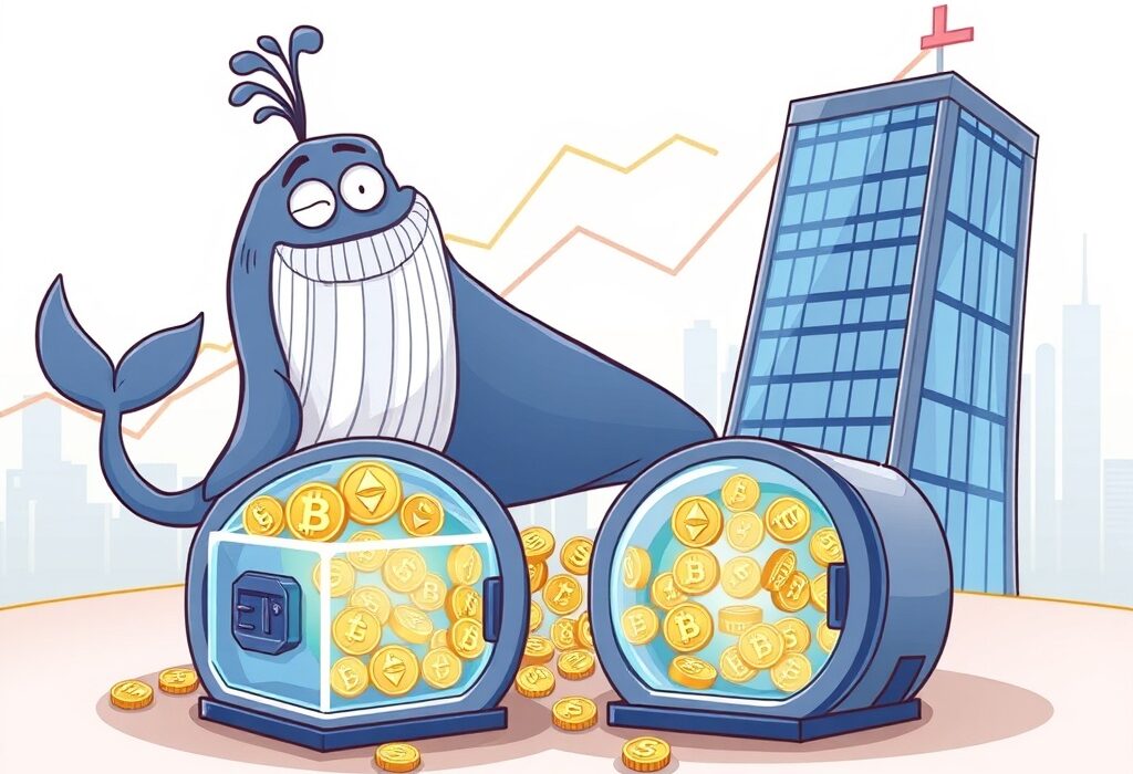 Cartoon image showing a whale and an institution actively engaged in significant ETH accumulation, highlighting their strategic market moves.