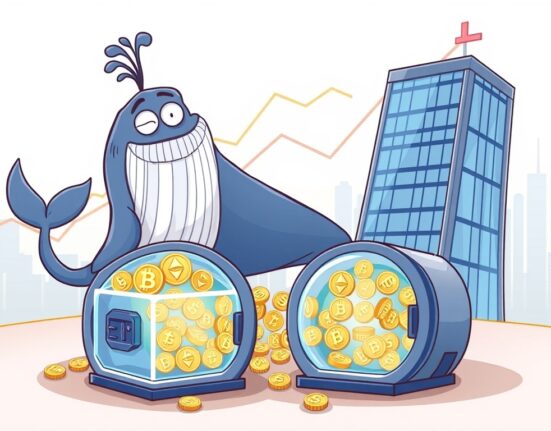 Cartoon image showing a whale and an institution actively engaged in significant ETH accumulation, highlighting their strategic market moves.