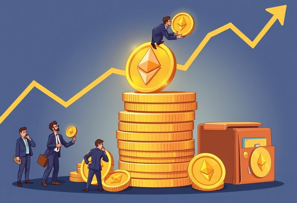 Cartoon showing investors confidently adding ETH to a growing stack, representing the record ETH accumulation and strong market confidence.